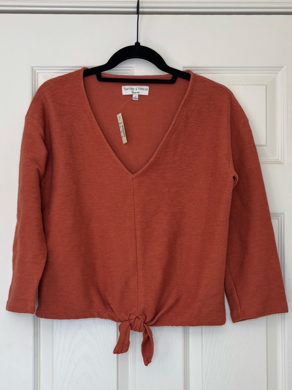 Madewell Texture & Thread 100% Cotton Ribbed Long Sleeve Tie Front Top